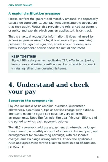 Handbook page 11 showing a sample pay clarification message and the opening of chapter 4 on understanding pay.