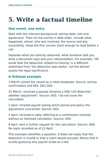 Preparation guide page 12 showing chapter 5 on writing a factual timeline, with a fictional example about a payslip deduction.