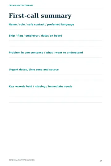Preparation guide page 24, a blank first-call summary worksheet with headings for role, ship, problem, urgent dates and key records.