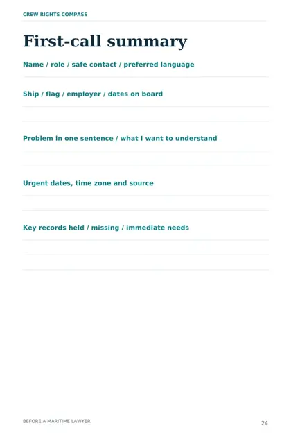 Preparation guide page 24, a blank first-call summary worksheet with headings for role, ship, problem, urgent dates and key records.